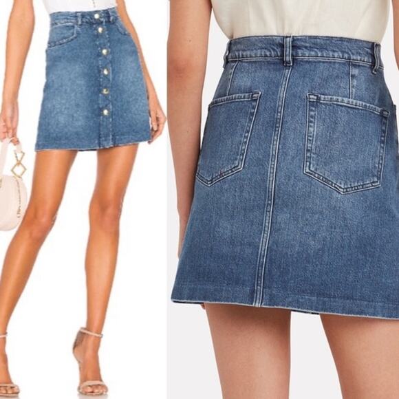 FRAME Denim Claire Mini Skirt Gold Button High Rise A-Line Medium Wash Blue - Picture 16 of 16